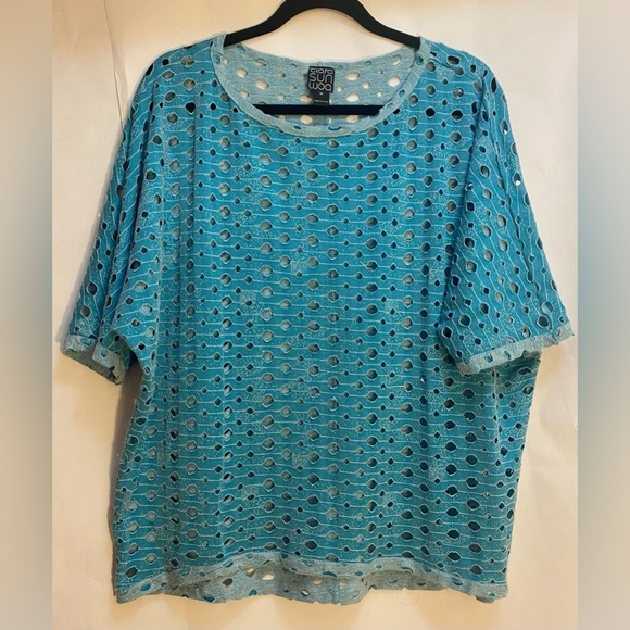 Clara Sun Woo Lightweight Sweater Sz Medium Turquoise Blue Distressed Open Knit - Picture 1 of 7